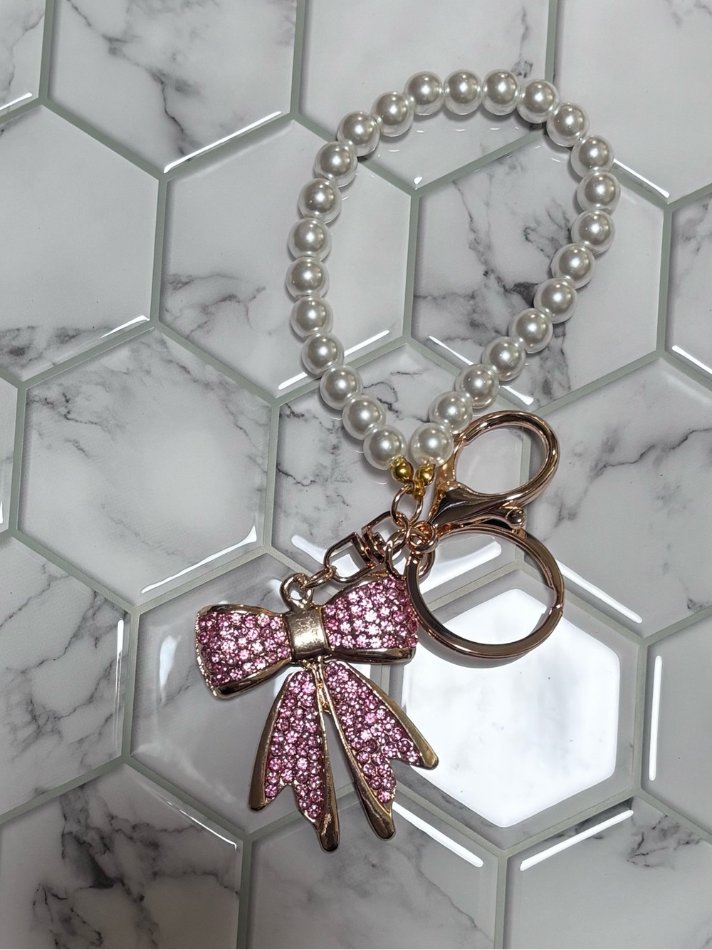 Pearl Beaded Pink Bow Keychain Wristlet